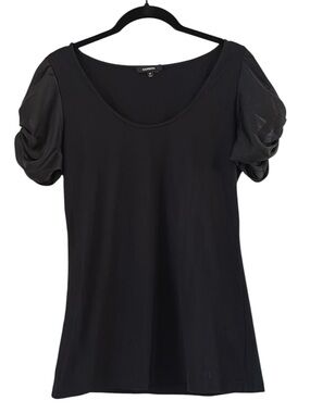 Express Black Scoop Neck Top with Sheer Mesh Puff Sleeves - Size M
